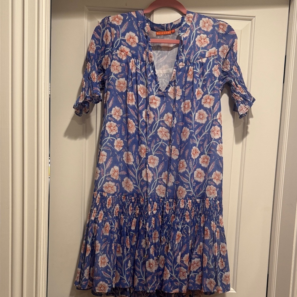 Oliphant Blue Floral Midi Dress with Pink Blossoms XS EUC